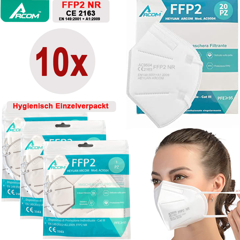 ARCOM FFP2 Mundschutz Masken 5-lagig CE ZERTIFIKAT 10er Pack